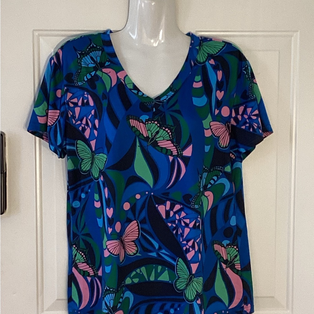 Floral Butterfly Print Women's Short Sleeve Top - Picture 2 of 6